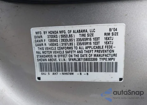 2005 Honda Odyssey Ex-L из США, поврежденный, VIN 5FNRL38715B003399